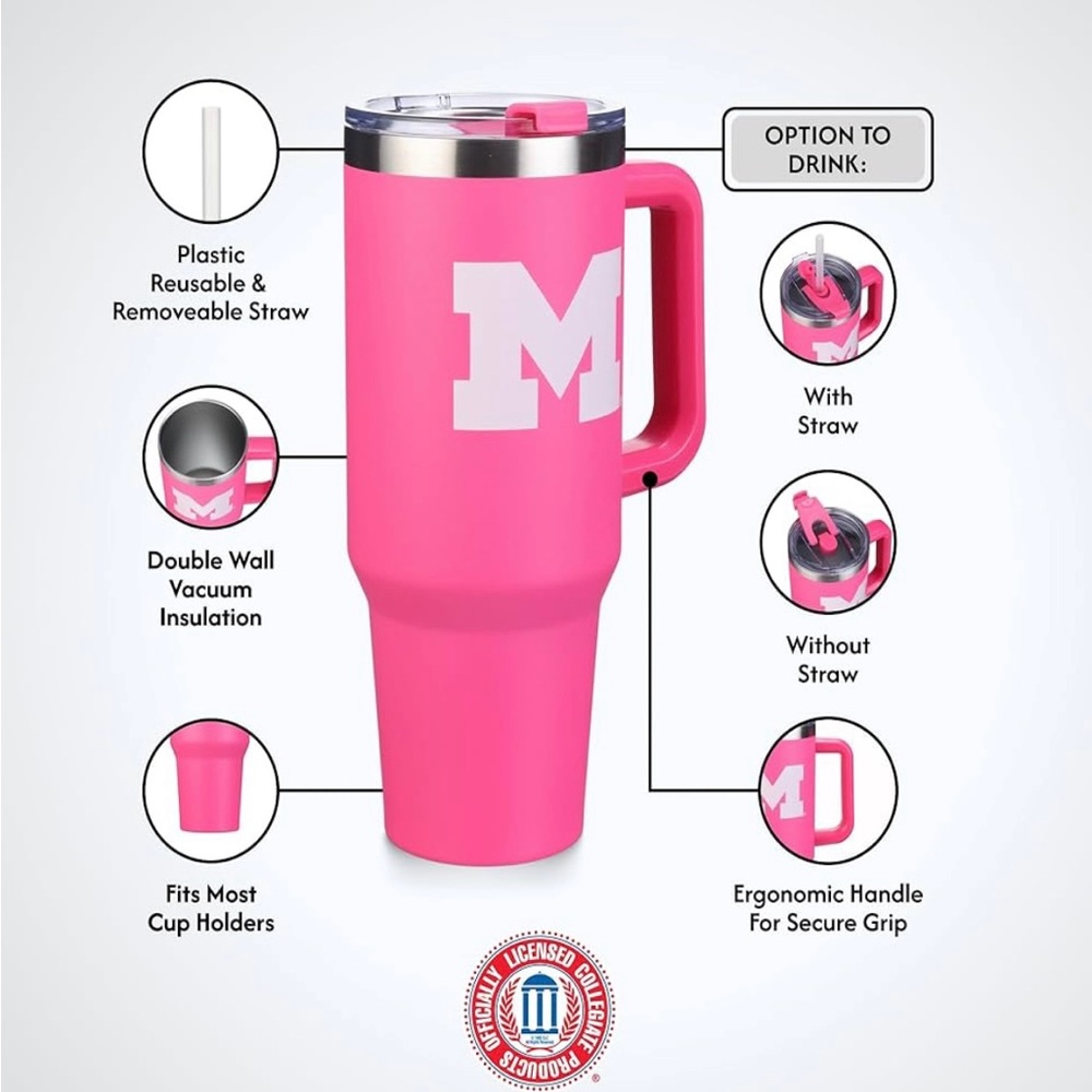 GO BLUE with Pink NIB Michigan Wolverines 40oz Tumbler W/ Straw - Picture 4 of 5